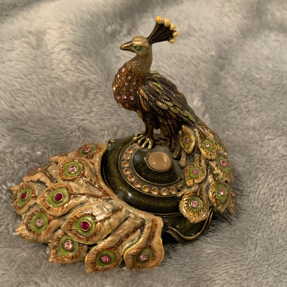 Vintage Jay Strongwater  Pink, Green and Gold Peacock Decorative Trinket Box